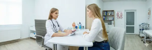 Young woman with doctor in consultation, friendly clinic setting (1)