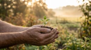 זוג מחזיק נבט צעיר כסמל לתקווה ופוריות