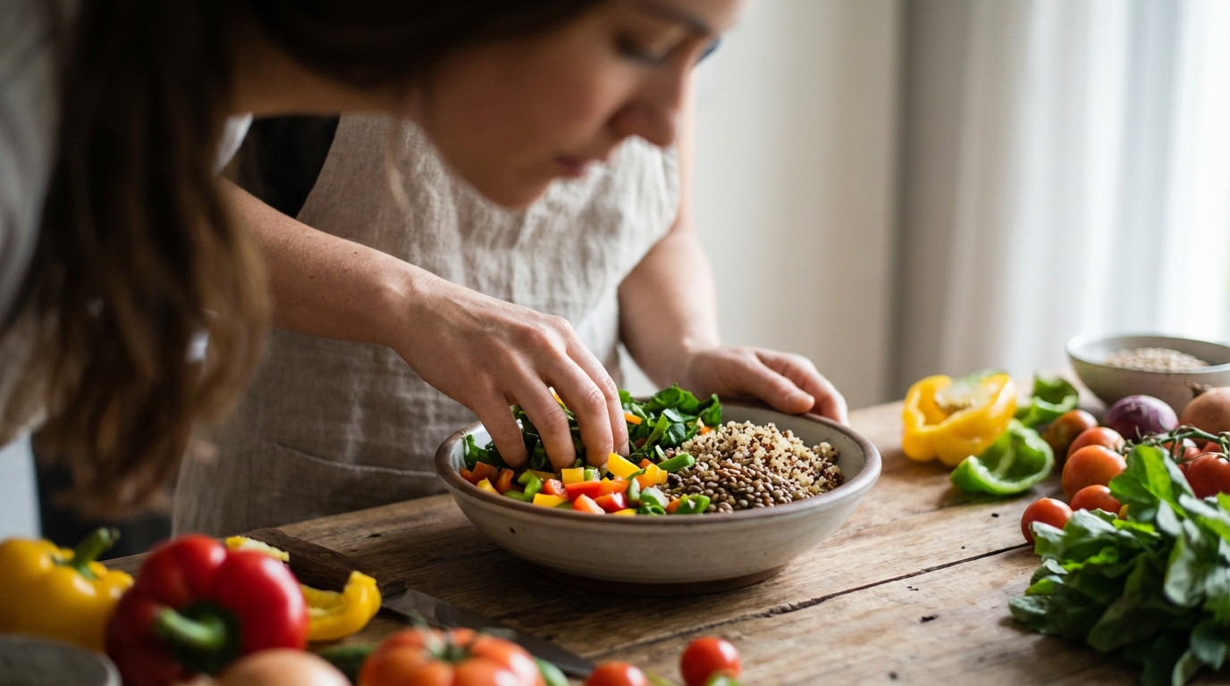 אישה מכינה סלט בריא עם ירקות טריים לשיפור הפוריות