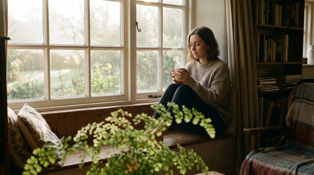 אישה מביטה החוצה בחלון באור טבעי, מסמלת תקווה והתמודדות עם שחלות פוליציסטיות