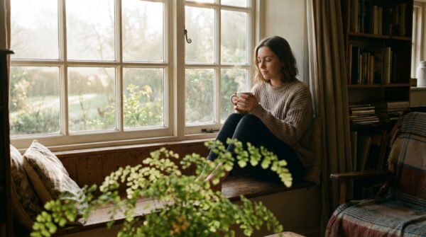 אישה מביטה החוצה בחלון באור טבעי, מסמלת תקווה והתמודדות עם שחלות פוליציסטיות