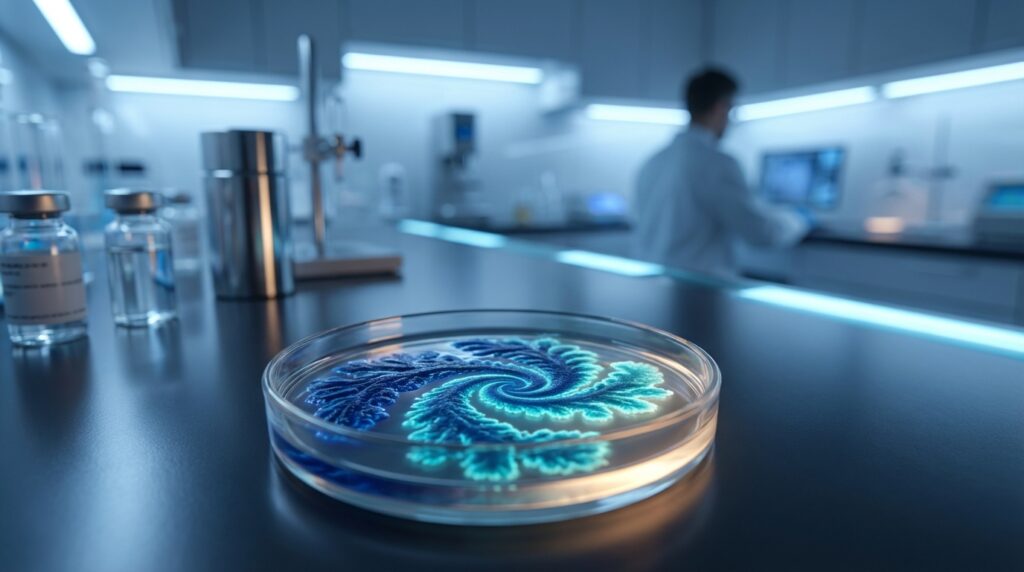 תמונה מדעית הממחישה את המיקרוביום של העור וטיפול פרוביוטי באקנה.