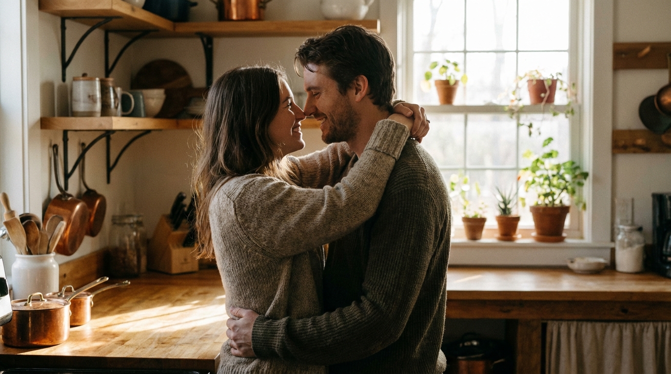 זוג מחייך ברגע אינטימי, המסמל את חשיבות התמיכה ההדדית בתהליך הכניסה להריון