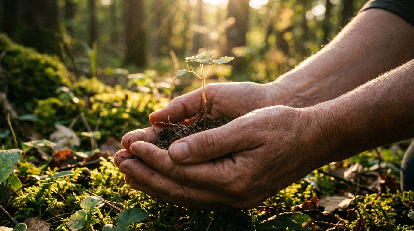 ידיים של אישה מחזיקות בעדינות נבט צעיר, כמטאפורה לשיקום וטיפוח טבעי