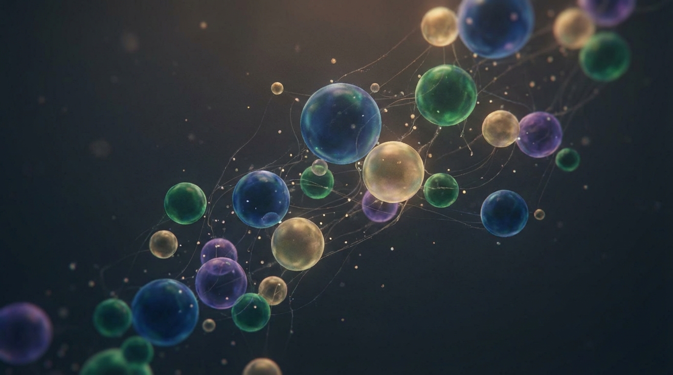 איור מופשט של מיקרוביום בריא עם חיידקים טובים המיוצגים על ידי כדורים זוהרים