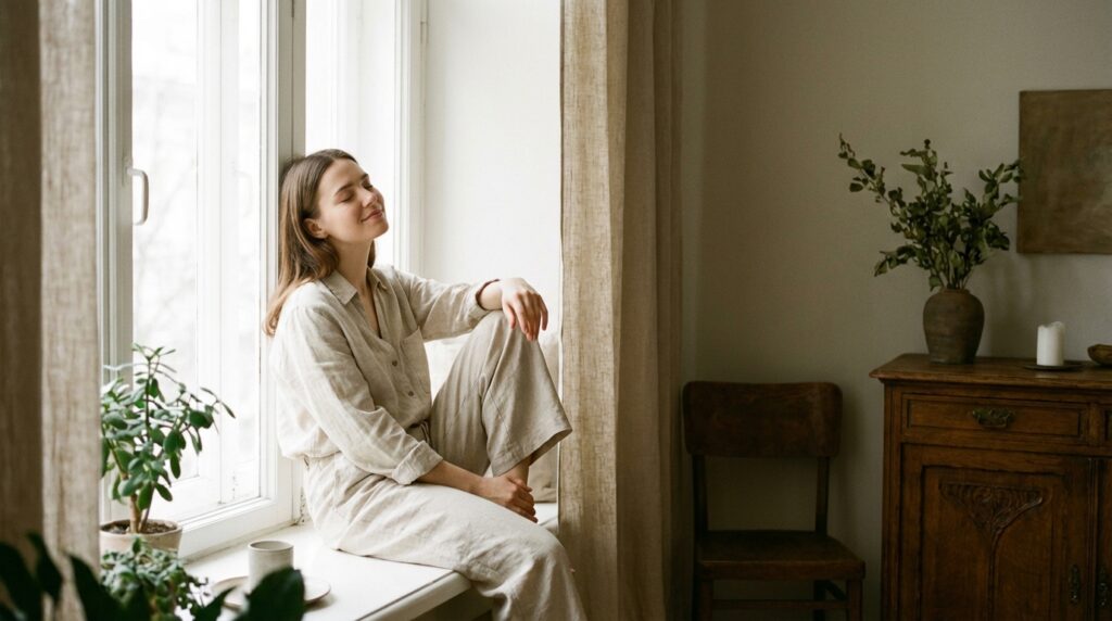 אישה רגועה מסתכלת מהחלון, מייצגת איזון ושליטה בבריאותה בהקשר של שחלות פוליציסטיות