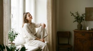 אישה רגועה מסתכלת מהחלון, מייצגת איזון ושליטה בבריאותה בהקשר של שחלות פוליציסטיות