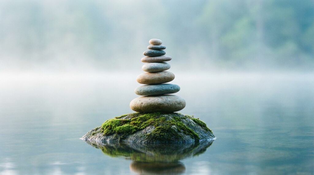 תמונה מטאפורית המייצגת את האיזון העדין של הפלורה הווגינלית, עם אבנים מאוזנות מעל מים