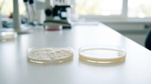 שתי צלוחיות מעבדה המדגימות את ההבדל הוויזואלי בין תרבית פטרייתית לתרבית חיידקית כחלק מאבחון דלקת בנרתיק