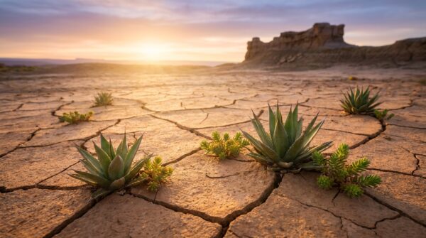 תקריב של צמחים ירוקים הצומחים מתוך אדמה סדוקה, כמטאפורה לשיקום המיקרוביום של העור וטיפול באקנה עמיד