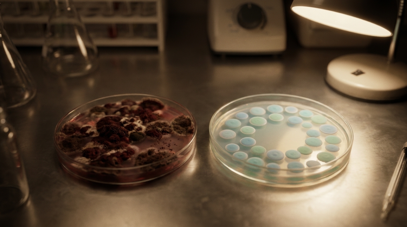 שתי צלחות פטרי המדגימות את ההבדל בין אוכלוסיית חיידקים לא מאוזנת הגורמת לאקנה לבין אוכלוסייה מאוזנת.