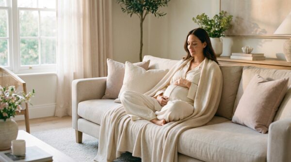 אישה הרה שלווה המסמלת טיפול בטוח בפטריה בנרתיק במהלך ההריון