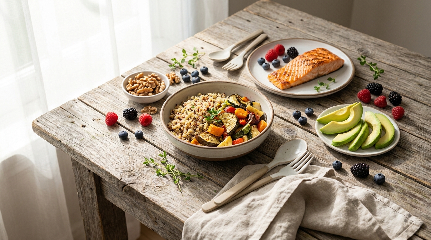 מגוון מזונות בריאים המומלצים לנשים עם שחלות פוליציסטיות בהריון, כולל דגים, אגוזים ופחמימות מורכבות.