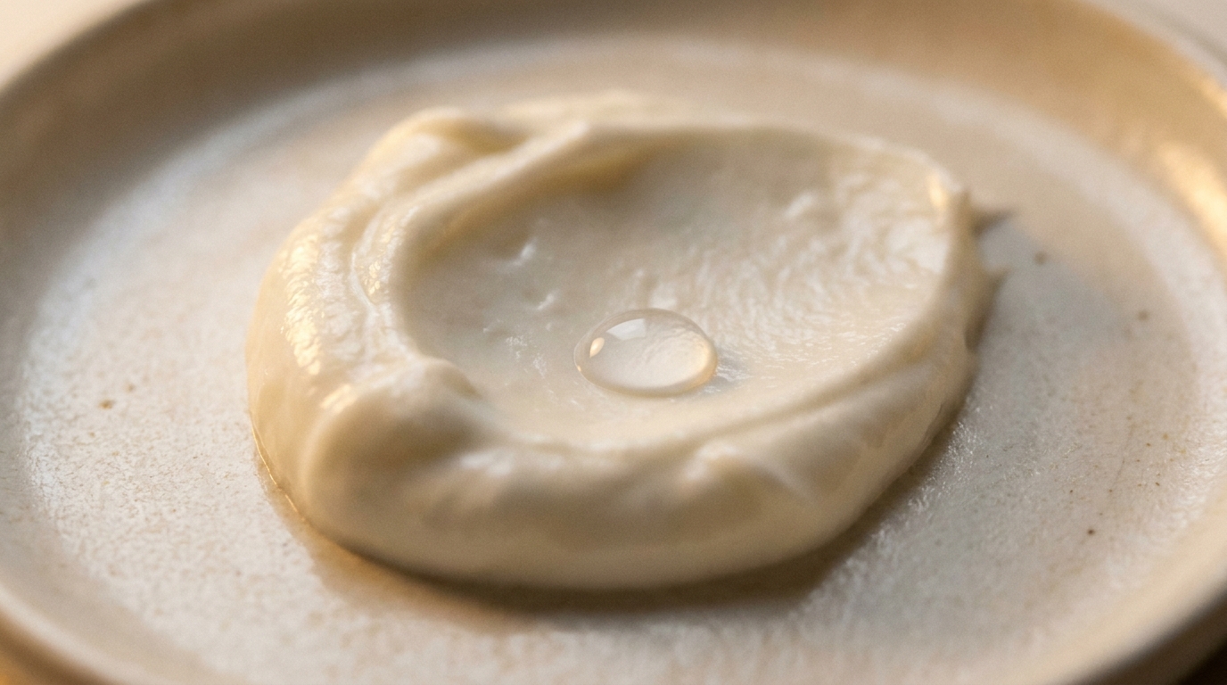 תקריב מרקם של קרם פרוביוטי עשיר, המדגים את תכונות הלחות והשיקום שלו.