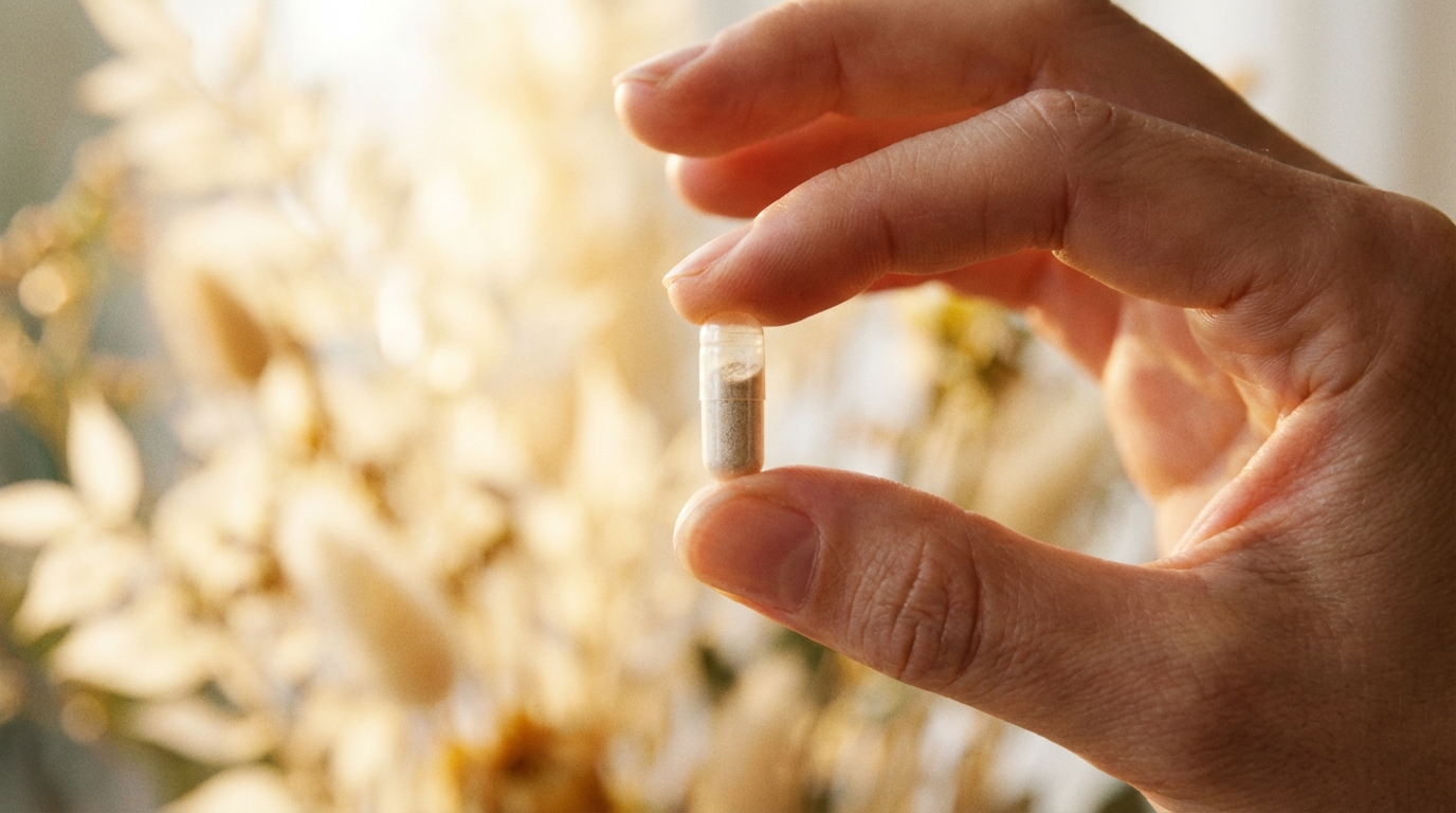 יד אוחזת קפסולת פרוביוטיקה, המסמלת פתרון מבוסס מדע לטיפול בפטריה בנרתיק