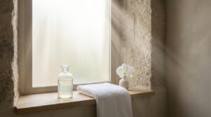 אישה בוחרת סבון אינטימי עדין בחדר אמבטיה מואר, המסמל בחירה מושכלת לבריאות נשית