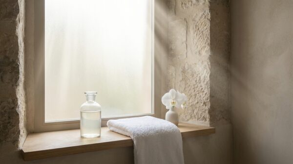 אישה בוחרת סבון אינטימי עדין בחדר אמבטיה מואר, המסמל בחירה מושכלת לבריאות נשית