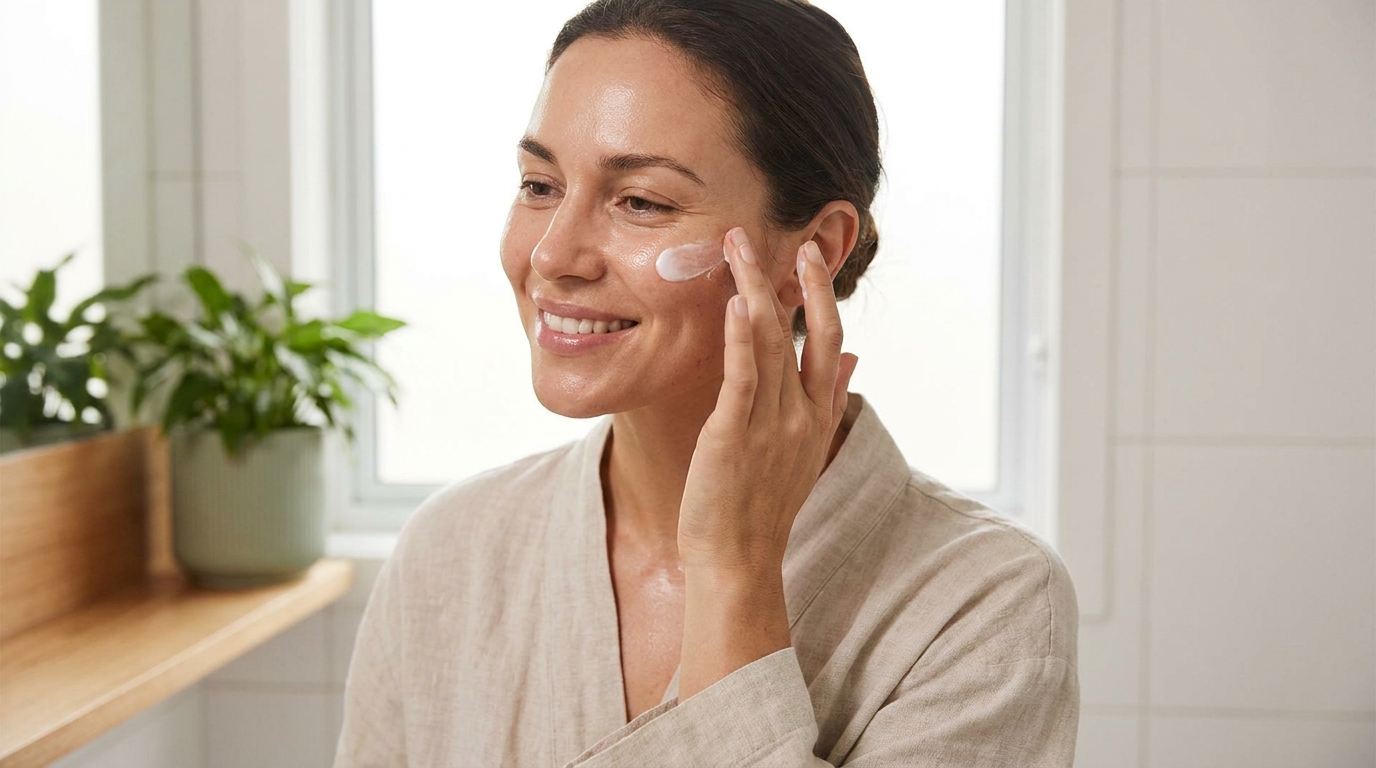 אישה עם עור בריא מורחת קרם פרוביוטי על פניה, כחלק משגרת טיפוח טבעית לאקנה.