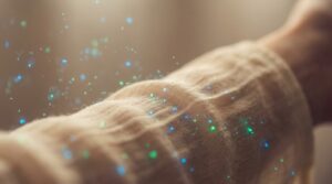 איור מופשט של חיידקים טובים על פני העור, המייצג טיפול טבעי באקנה באמצעות פרוביוטיקה.